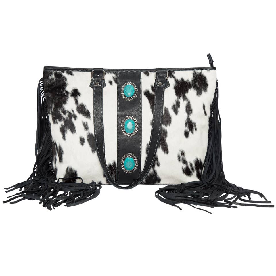 Cowhide Bag With Turq Stonework & Fringes – AB75 - Langford
