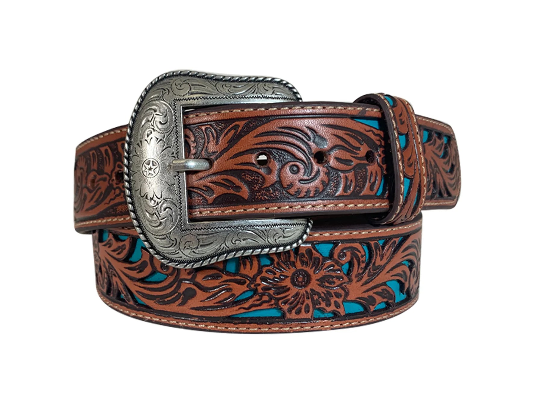 Just Country Men's Genuine Leather Brown Belt - Cutout Floral and Turquoise