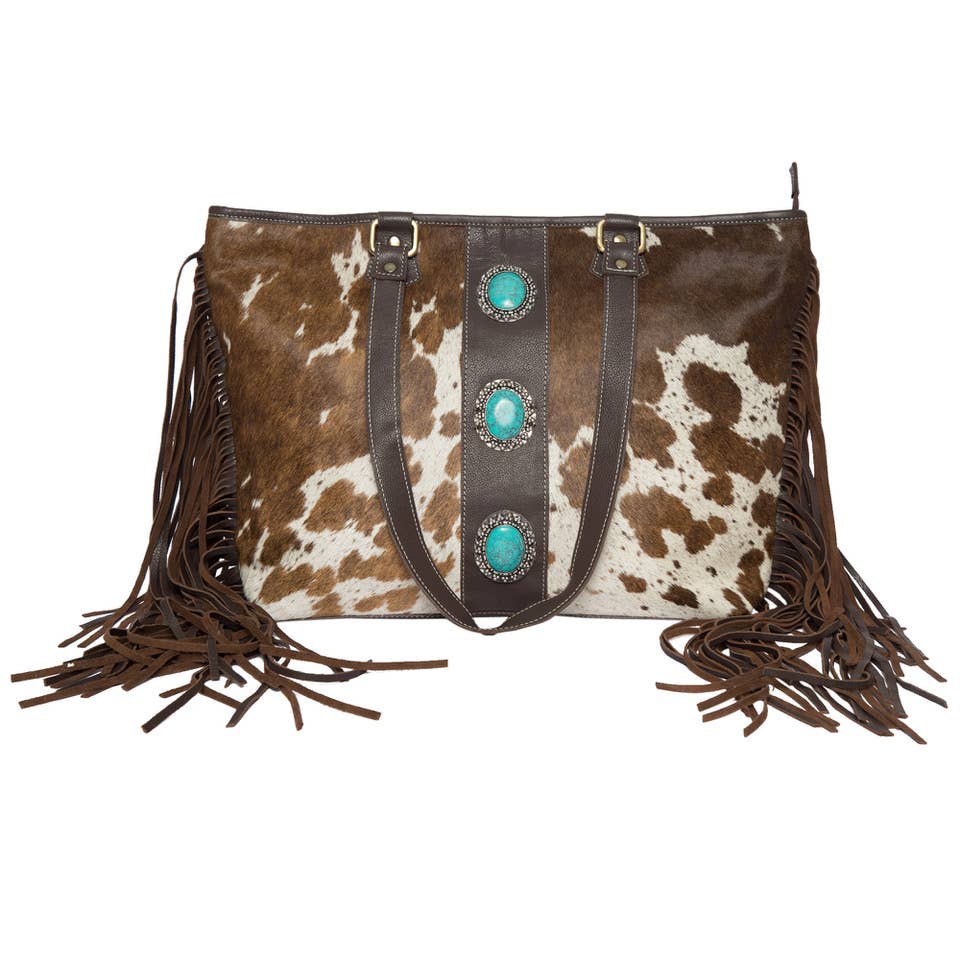 Cowhide Bag With Turq Stonework & Fringes – AB75 - Langford