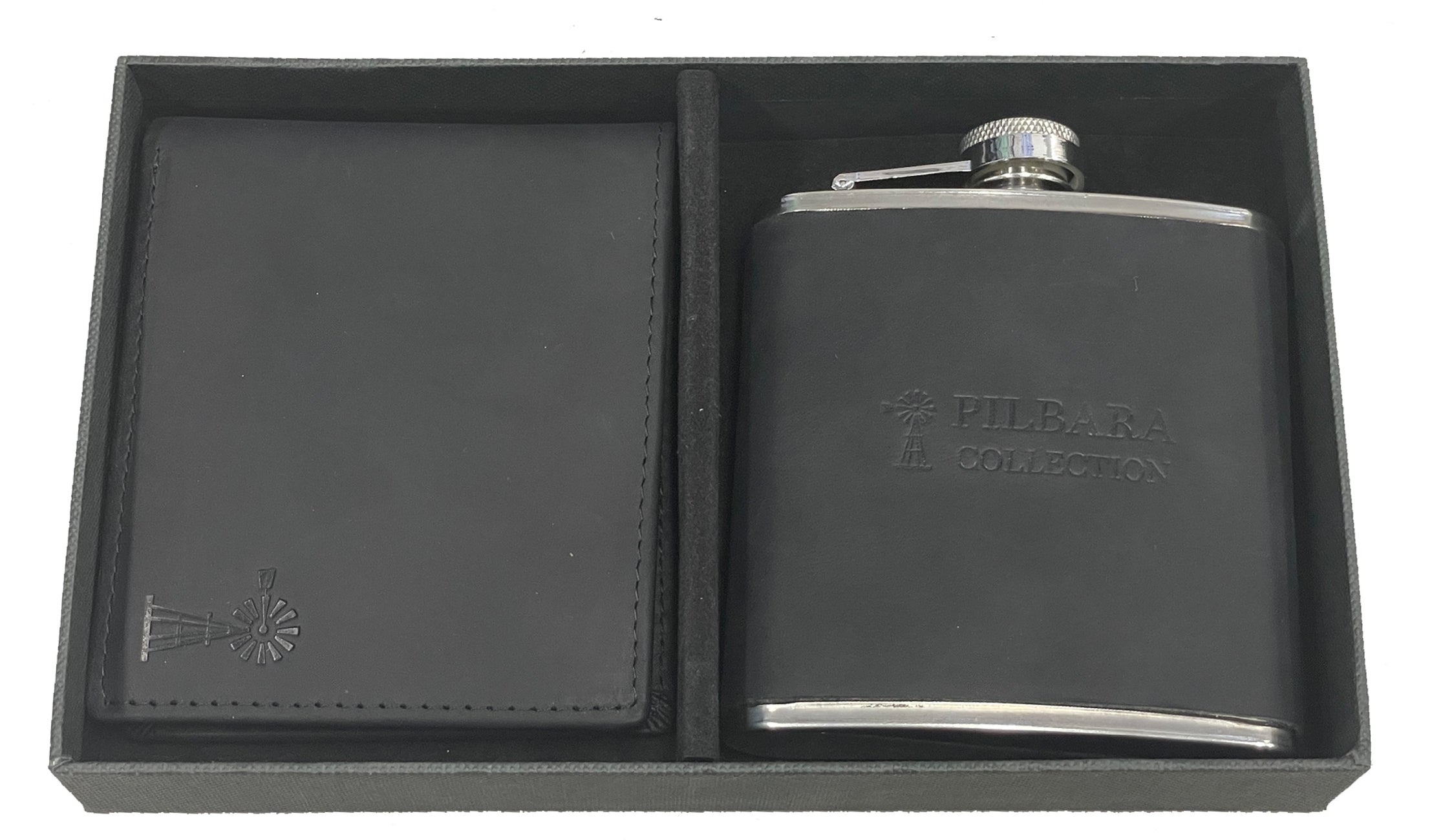 Pilbara Leather Wallet & Hip Flask Black