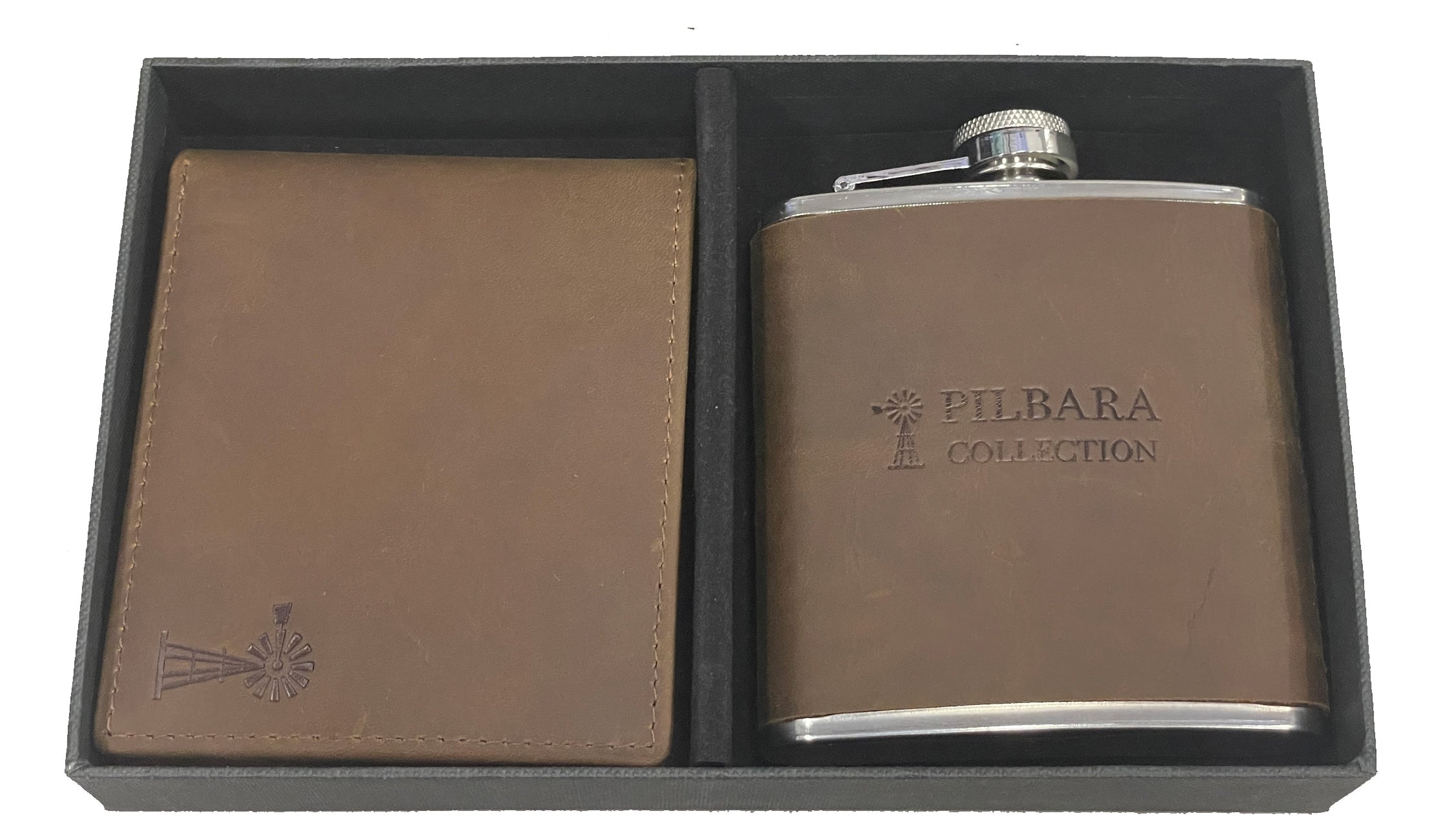 Pilbara Leather Wallet & Hip Flask Black