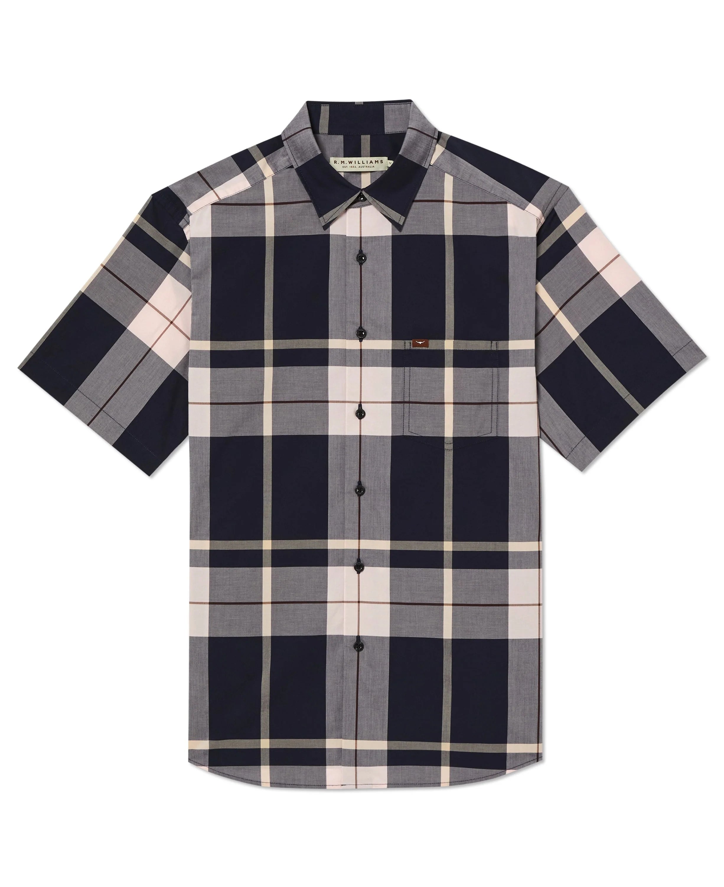 RM Williams Hervey Shirt Navy/Pink Short Sleeve