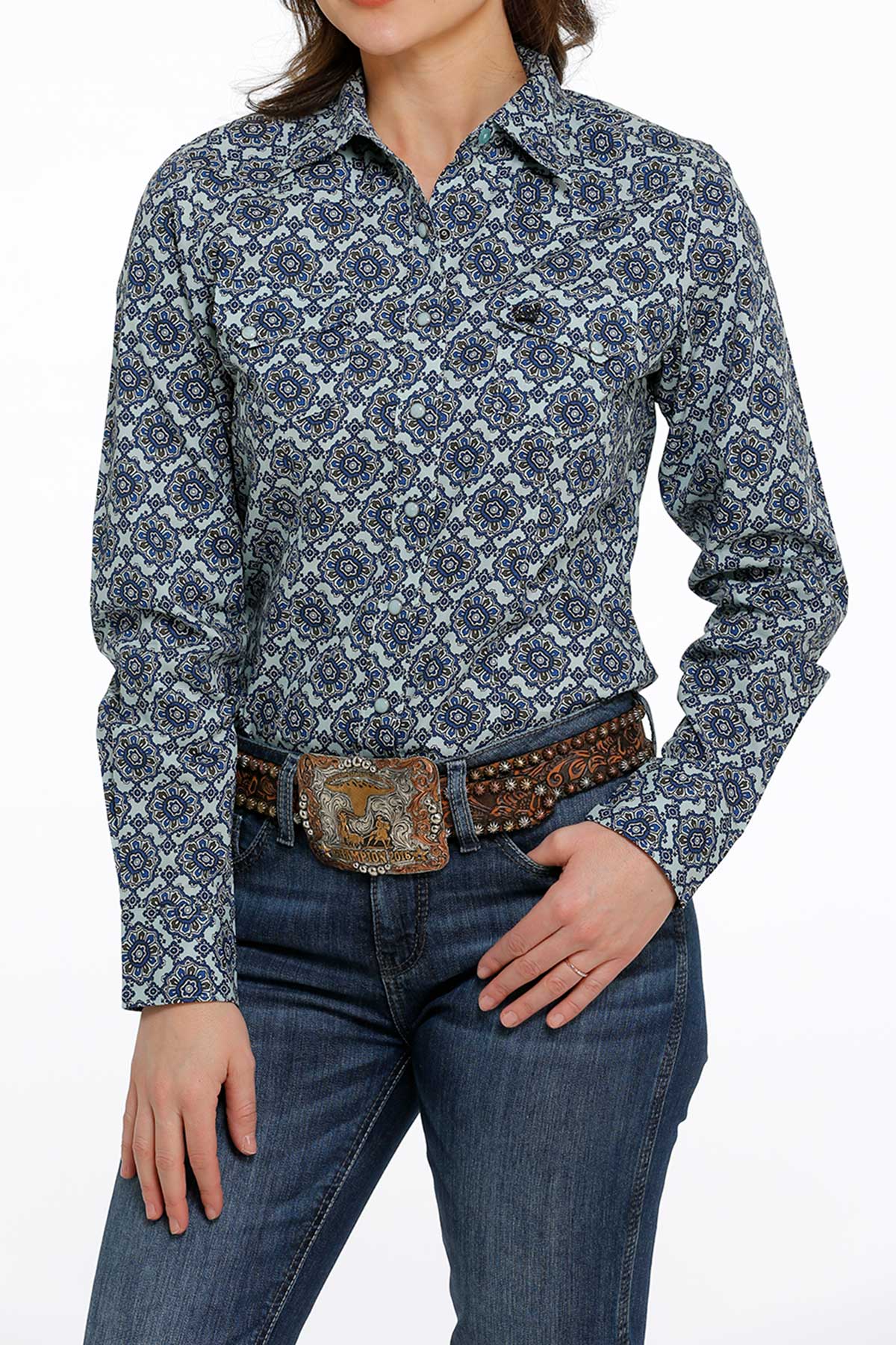 Cinch Wmns Long Sleeve Snap Shirt - Light Blue and Navy Print