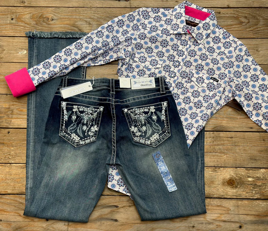 Womens Grace in LA Easy Fit Steer Head & Feather Boot Cut Raw Hem Jean - 36 Leg