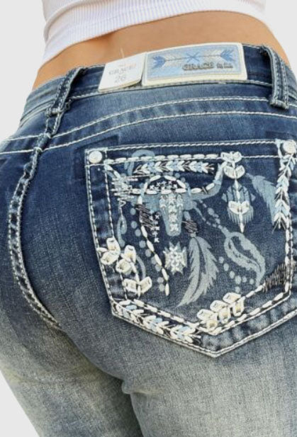 Womens Grace in LA Easy Fit Steer Head & Feather Boot Cut Raw Hem Jean - 36 Leg