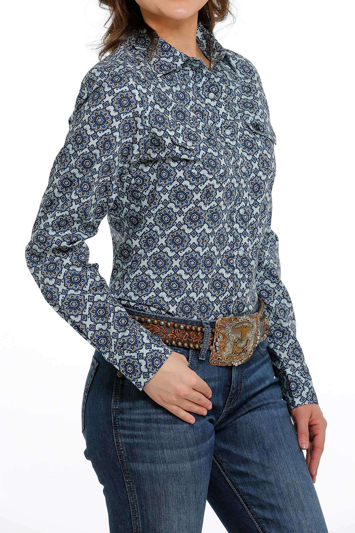 Cinch Wmns Long Sleeve Snap Shirt - Light Blue and Navy Print