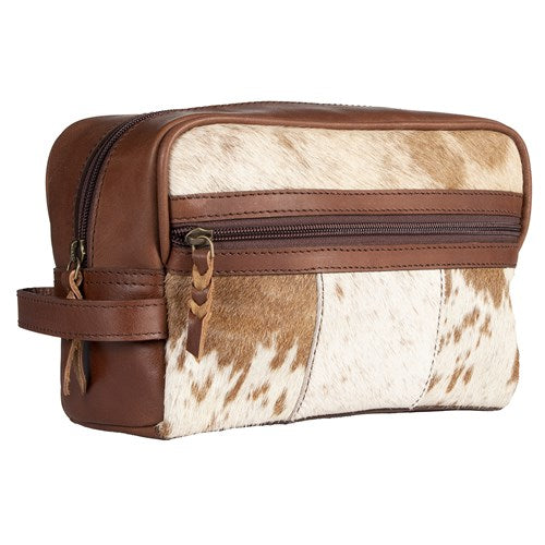 Cowhide Leather Toiletry Bag - Brown & White