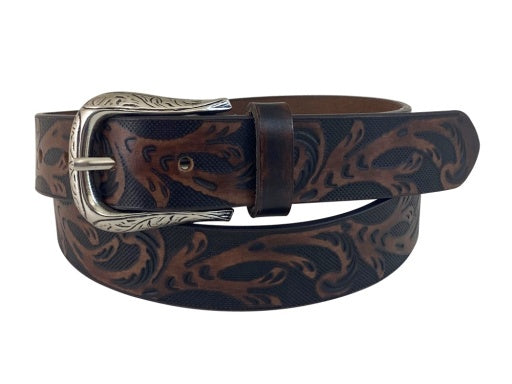WOMEN'S GENUINE BUFFALO LEATHER BROWN BELT - TEXTURED FLORAL