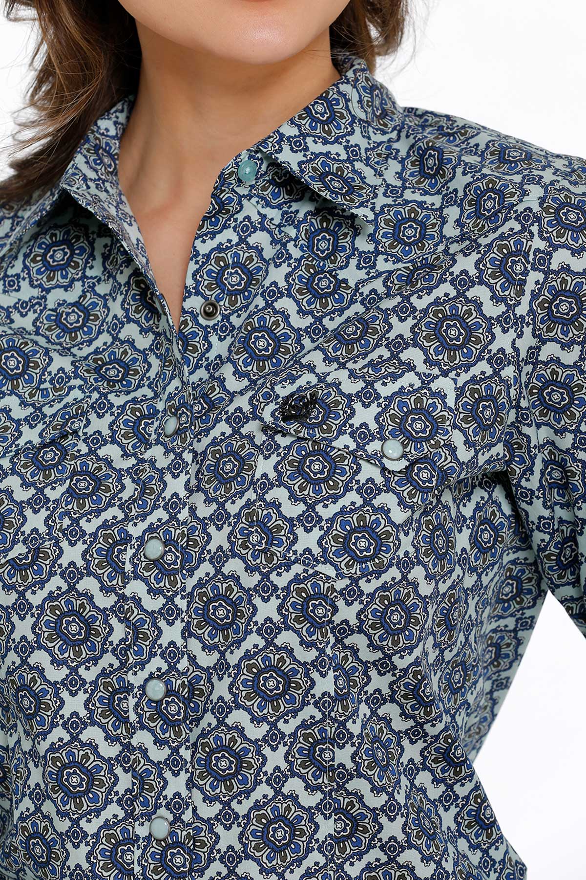 Cinch Wmns Long Sleeve Snap Shirt - Light Blue and Navy Print