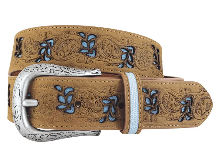 Just Country Women's Distressed Leather Brown Belt - Floral Emboss