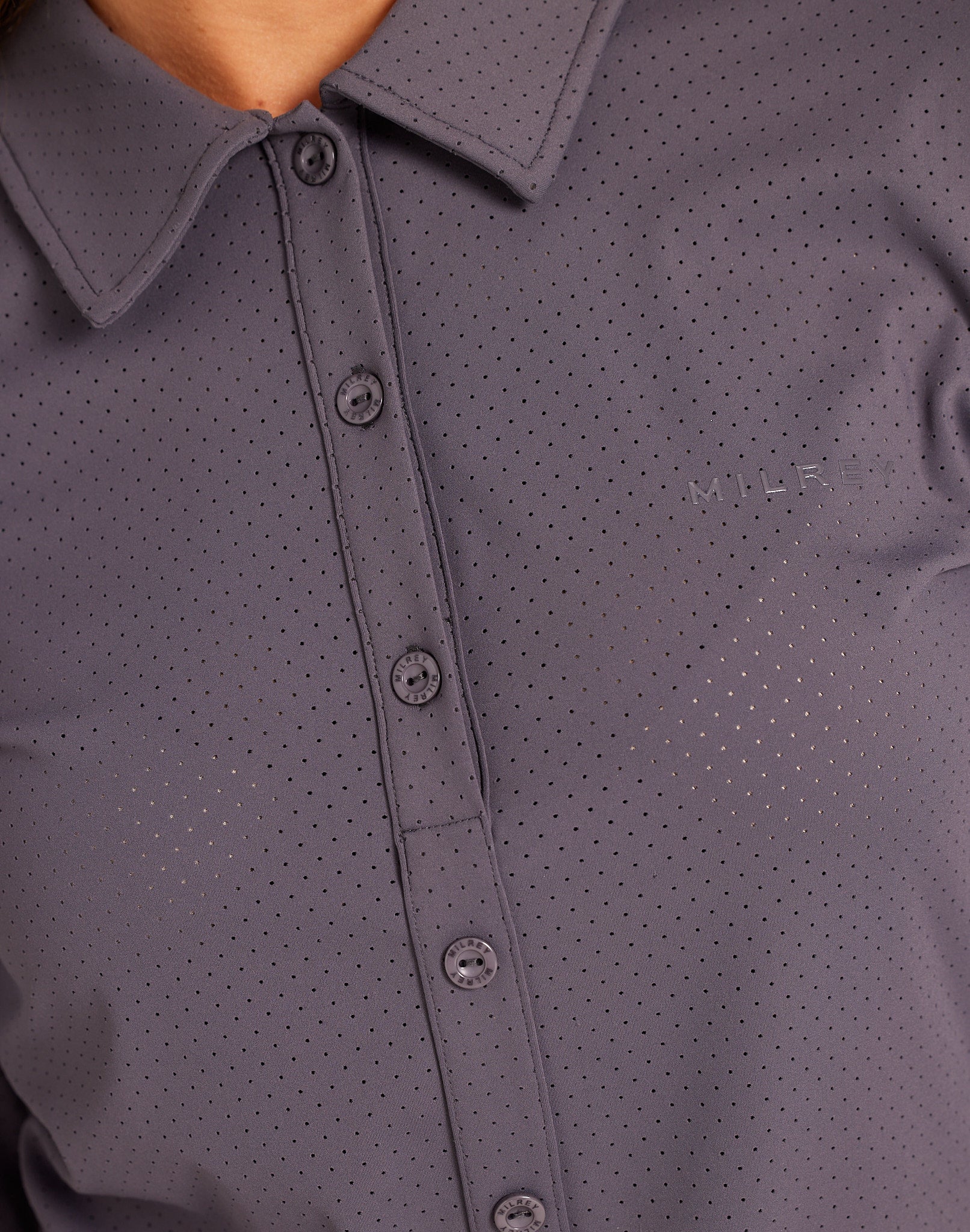 Milrey women's long sleeve riding shirt in dark grey. Casual fit polo blouse for comfortable equestrian wear. Dressage Show Jumping Eventing Competition riding blouse shirt.