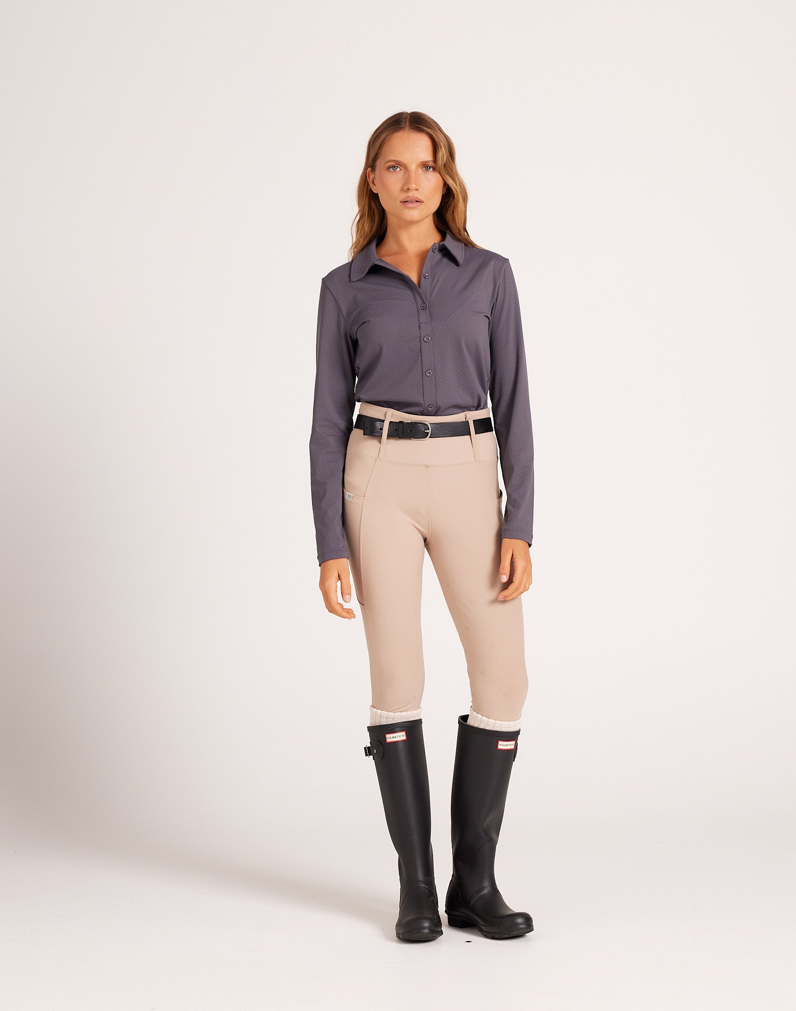 Milrey women's long sleeve riding shirt in dark grey. Casual fit polo blouse for comfortable equestrian wear. Dressage Show Jumping Eventing Competition riding blouse shirt.