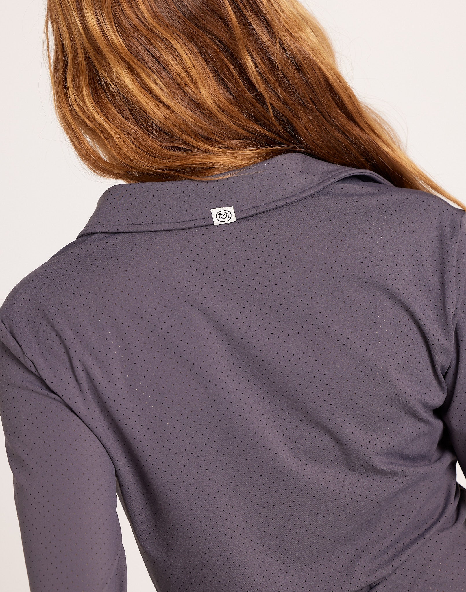 Milrey women's long sleeve riding shirt in dark grey. Casual fit polo blouse for comfortable equestrian wear. Dressage Show Jumping Eventing Competition riding blouse shirt.