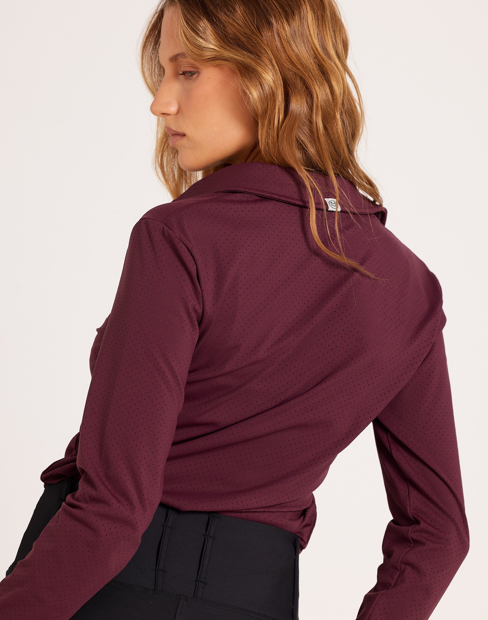 Milrey women's long sleeve riding shirt in sumac burgundy. Casual fit polo blouse for comfortable equestrian wear. Dressage Show Jumping Eventing Competition riding blouse shirt.