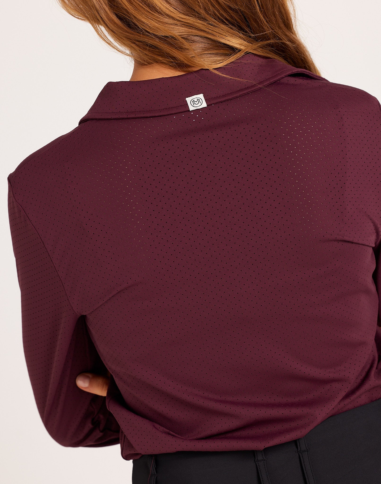 Milrey women's long sleeve riding shirt in sumac burgundy. Casual fit polo blouse for comfortable equestrian wear. Dressage Show Jumping Eventing Competition riding blouse shirt.