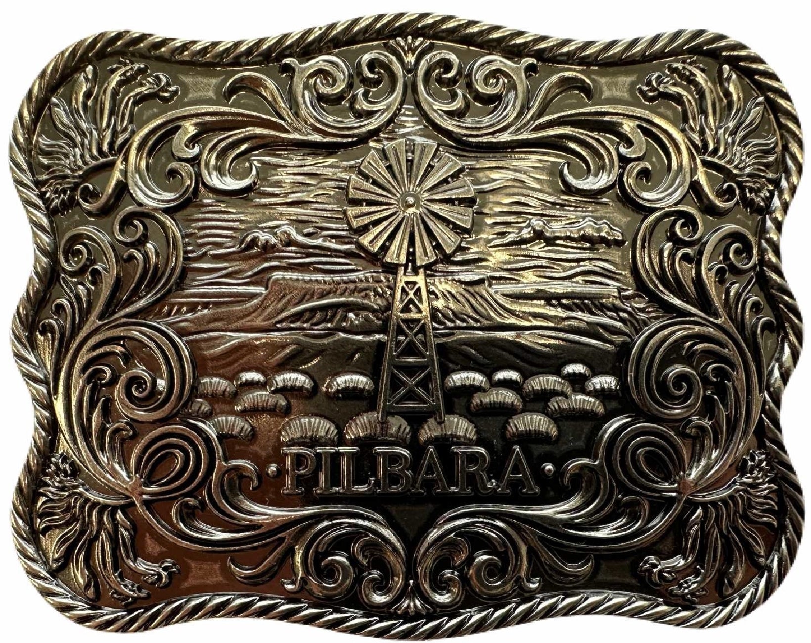 Pilbara Western Rodeo Buckle Tooled Leather Belt Dark Brown