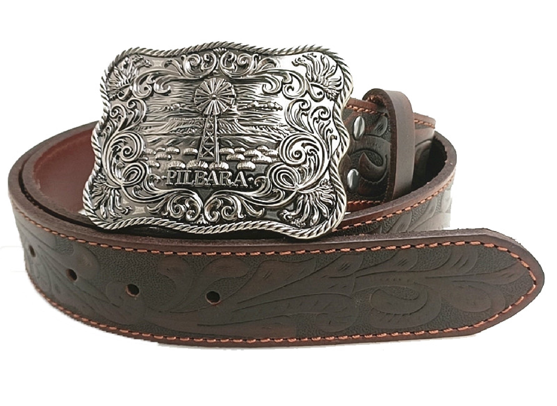 Pilbara Western Rodeo Buckle Tooled Leather Belt Dark Brown
