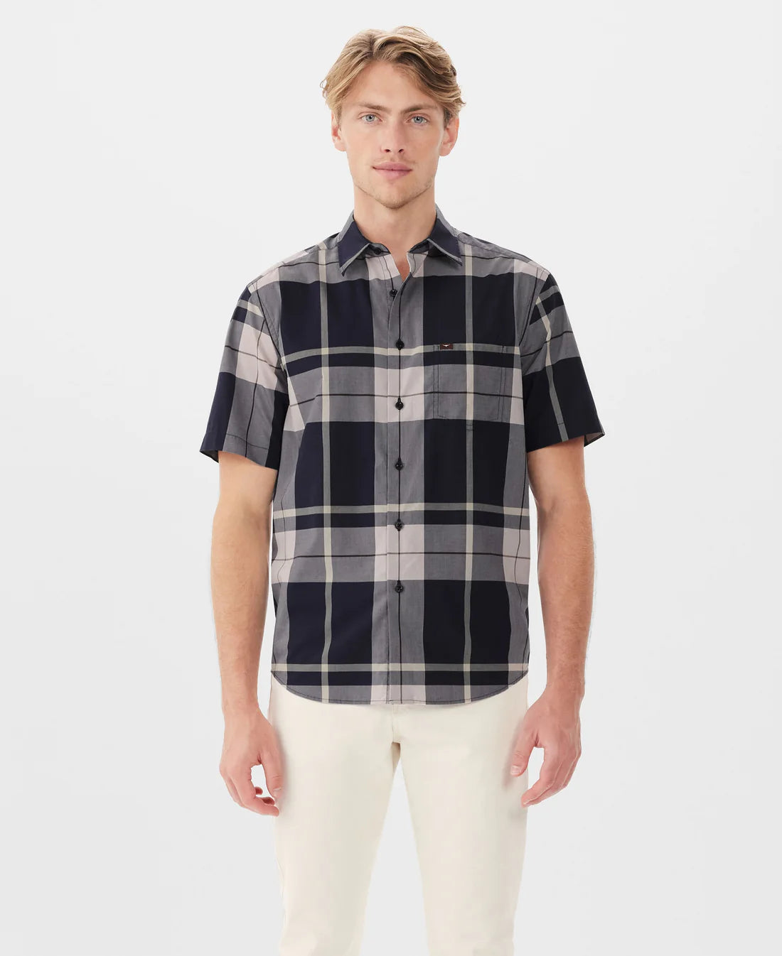 RM Williams Hervey Shirt Navy/Pink Short Sleeve