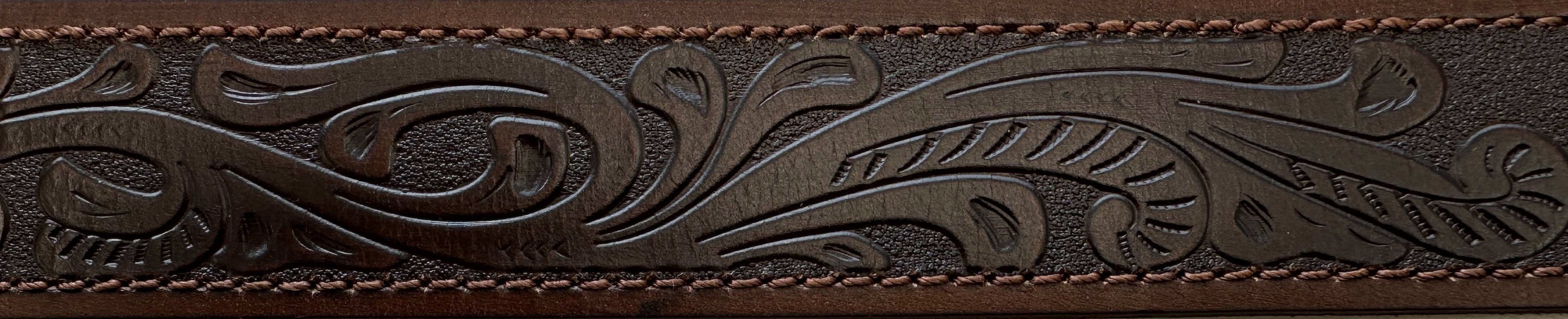 Pilbara Western Rodeo Buckle Tooled Leather Belt Dark Brown